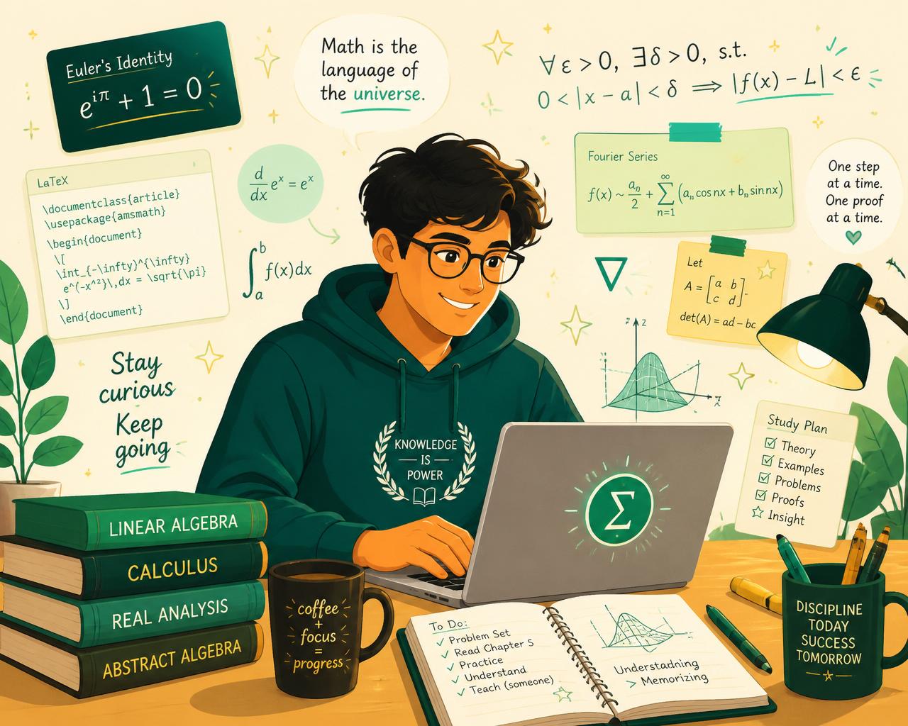 Estudiante usando ClassNotes con fórmulas y apuntes flotando